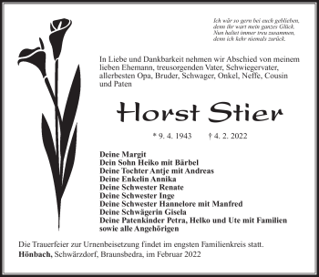 Traueranzeige von Horst Stier von Südthüringer Presse