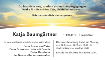Traueranzeige von Katja Baumgärtner von Frankenpost
