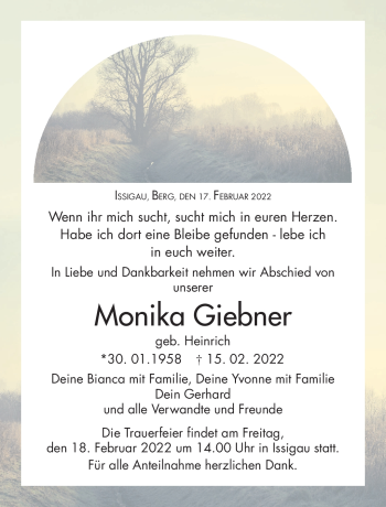 Traueranzeige von Monika Giebner von Frankenpost