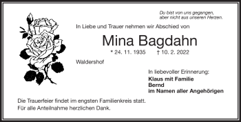 Traueranzeige von Mina Bagdahn von Frankenpost