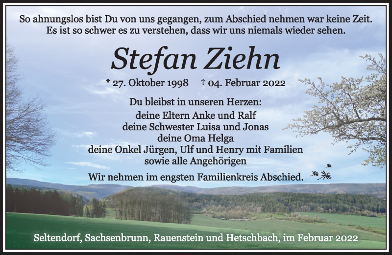  Traueranzeige für Stefan Ziehn vom 19.02.2022 aus Südthüringer Presse