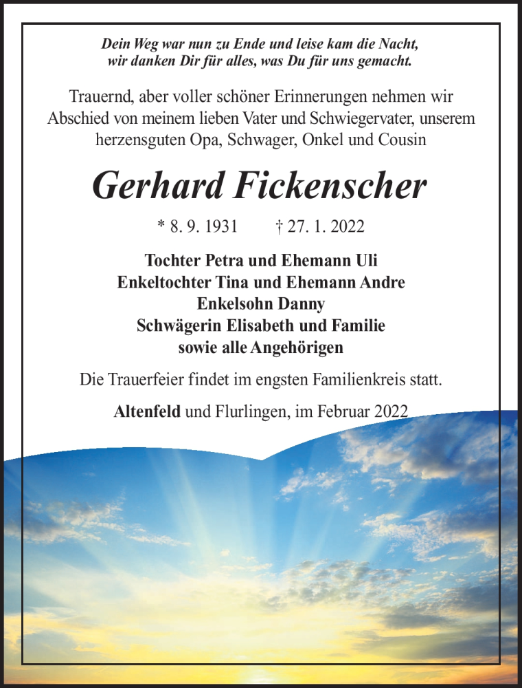  Traueranzeige für Gerhard Fickenscher vom 05.02.2022 aus Südthüringer Presse