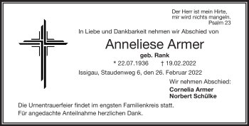 Traueranzeige von Anneliese Armer von Frankenpost