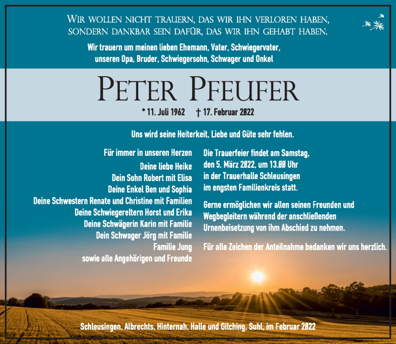  Traueranzeige für Peter Pfeufer vom 26.02.2022 aus Südthüringer Presse