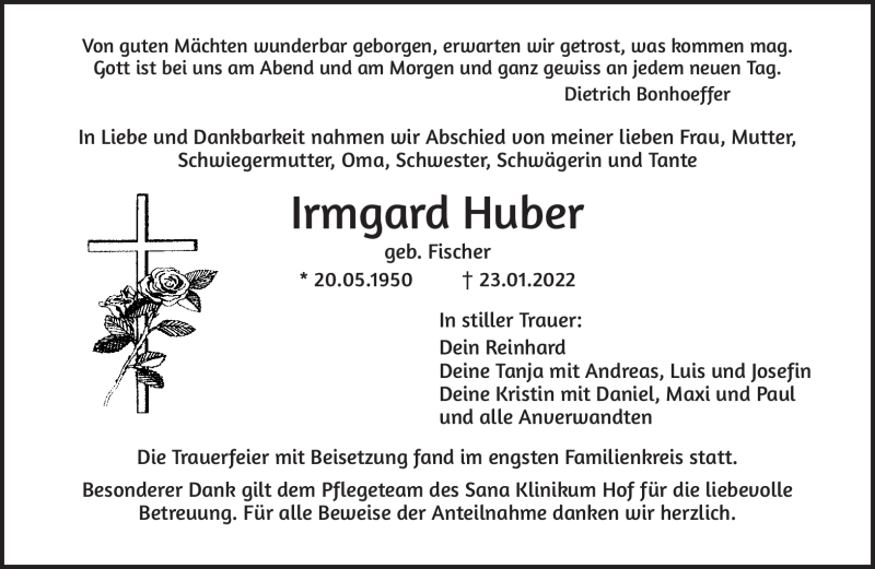  Traueranzeige für Irmgard Huber vom 05.02.2022 aus Frankenpost