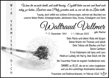 Traueranzeige von Waltraud Vollmer von Südthüringer Presse