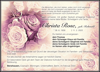 Traueranzeige von Christa Rose von Südthüringer Presse