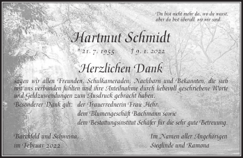 Traueranzeige von Hartmut Schmidt von Südthüringer Presse