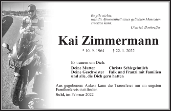 Traueranzeige von Kai Zimmermann von Südthüringer Presse
