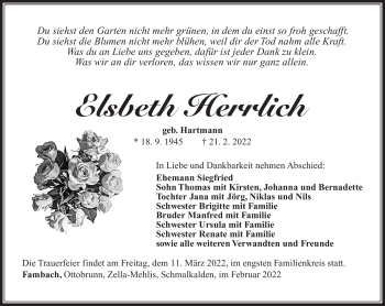 Traueranzeige von Elsbeth Herrlich von Südthüringer Presse