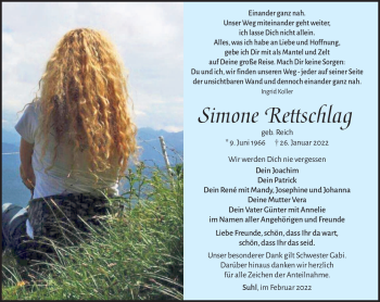 Traueranzeige von Simone Rettschlag von Südthüringer Presse