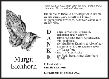 Traueranzeige von Margit Eichhorn von Südthüringer Presse