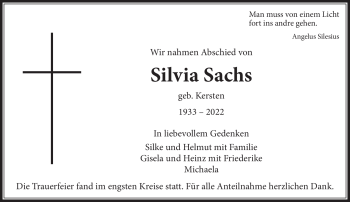 Traueranzeige von Silvia Sachs von Frankenpost