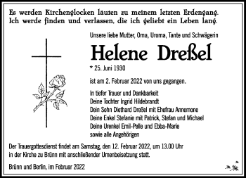 Traueranzeige von Helene Dreßel von Südthüringer Presse