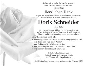 Traueranzeige von Doris Schneider von Südthüringer Presse