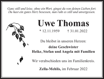 Traueranzeige von Uwe Thomas von Südthüringer Presse