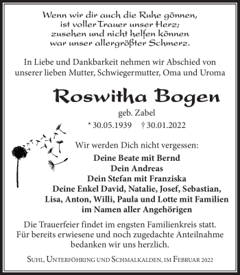 Traueranzeige von Roswitha Bogen von Südthüringer Presse