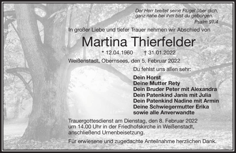  Traueranzeige für Martina Thierfelder vom 05.02.2022 aus Frankenpost