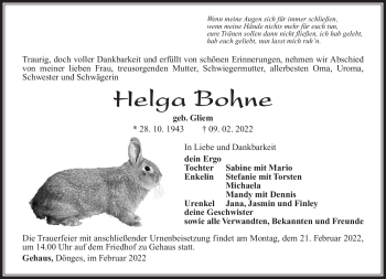 Traueranzeige von Helga Bohne von Südthüringer Presse