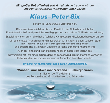 Traueranzeige von Klaus-Peter Six von Südthüringer Presse