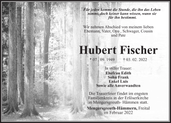 Traueranzeige von Hubert Fischer von Südthüringer Presse