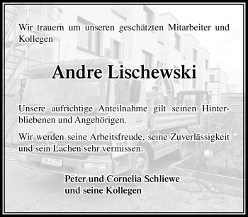 Traueranzeige von Andre Lischewski von Südthüringer Presse