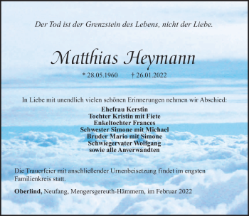 Traueranzeige von Matthias Heymann von Südthüringer Presse