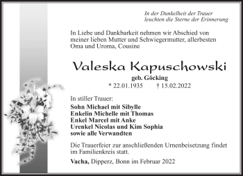 Traueranzeige von Valeska Kapuschowski von Südthüringer Presse