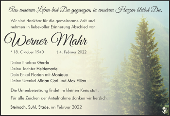 Traueranzeige von Werner Mahr von Südthüringer Presse