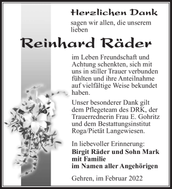 Traueranzeige von Reinhard Räder von Südthüringer Presse