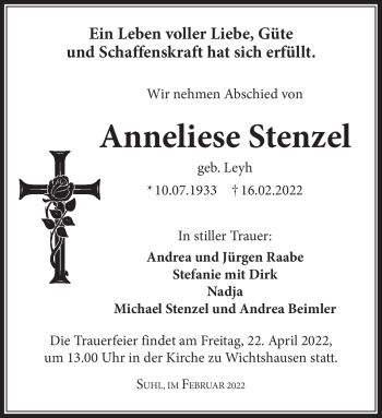 Traueranzeige von Anneliese Stenzel von Südthüringer Presse