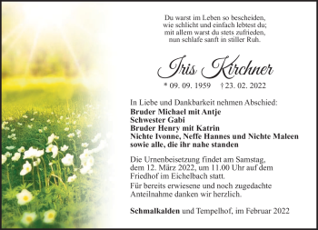 Traueranzeige von Iris Kirchner von Südthüringer Presse