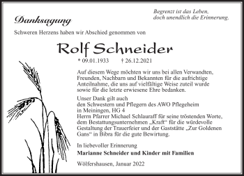 Traueranzeige von Rolf Schneider von Südthüringer Presse