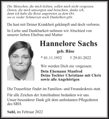 Traueranzeige von Hannelore Sachs von Südthüringer Presse