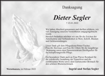 Traueranzeige von Dieter Segler von Südthüringer Presse