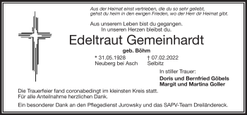 Traueranzeige von Edeltraut Gemeinhardt von Frankenpost