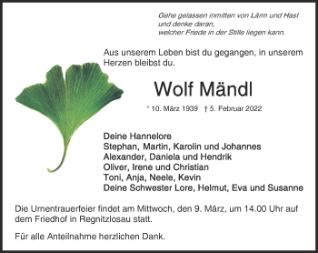 Traueranzeige von Wolf Mändl von Frankenpost
