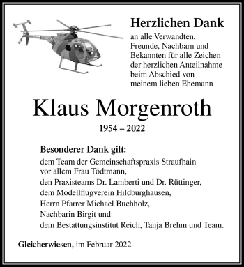 Traueranzeige von Klaus Morgenroth von Südthüringer Presse