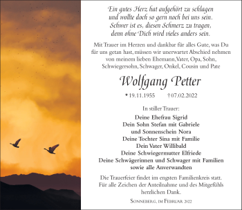 Traueranzeige von Wolfgang Petter von Südthüringer Presse