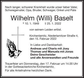 Traueranzeige von Wilhelm Baselt von Frankenpost