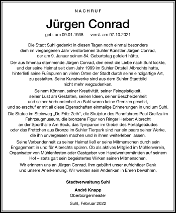 Traueranzeige von Jürgen Conrad von Südthüringer Presse