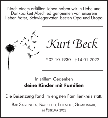Traueranzeige von Kurt Beck von Südthüringer Presse