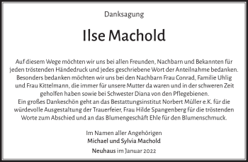 Traueranzeige von Ilse Machold von Südthüringer Presse