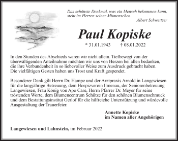 Traueranzeige von Paul Kopiske von Südthüringer Presse
