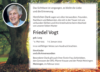 Traueranzeige von Friedel Vogt von Südthüringer Presse