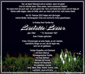 Traueranzeige von Liselotte Lesser von Südthüringer Presse