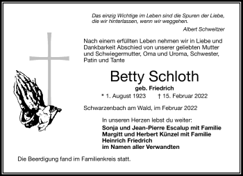 Traueranzeige von Betty Schloth von Frankenpost