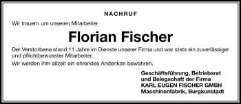 Traueranzeige von Florian Fischer von Neue Presse Coburg