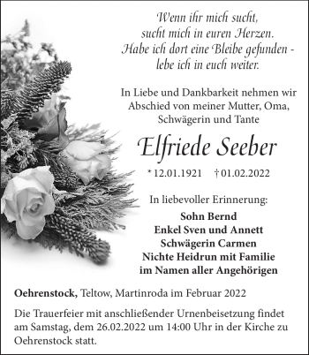 Traueranzeige von Elfriede Seeber von Südthüringer Presse