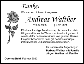 Traueranzeige von Andreas Walther von Südthüringer Presse